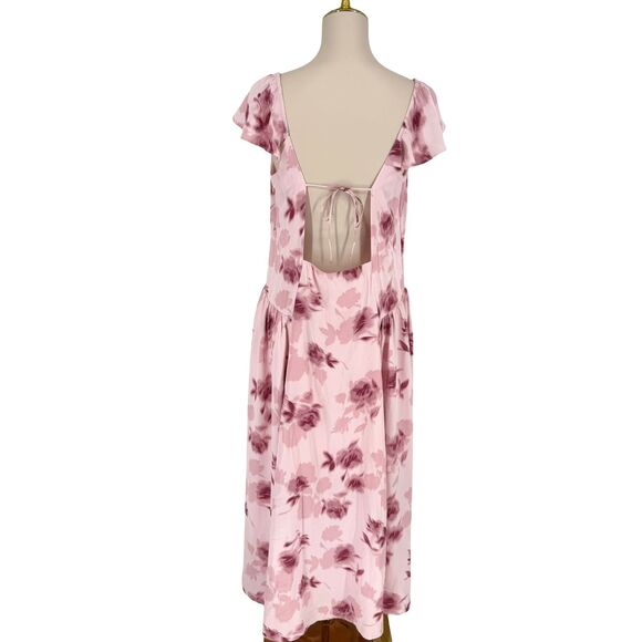 Abercrombie Fitch Pink Floral Maxi Dress XL Open Back Flutter Sleeve Slit Zipper - Picture 10 of 13